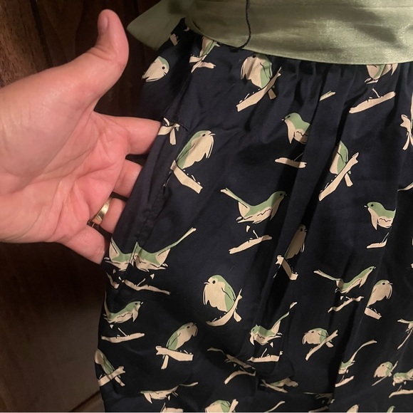 Anthropologie Porridge Navy Blue/green With Pockets Sing Sweetly Bird Dress Sz 0 - Picture 4 of 12